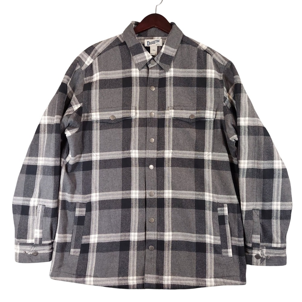 Duluth Trading Co Shirt Jacket Mens LT Grey Plaid Fleece Lined Snap Front